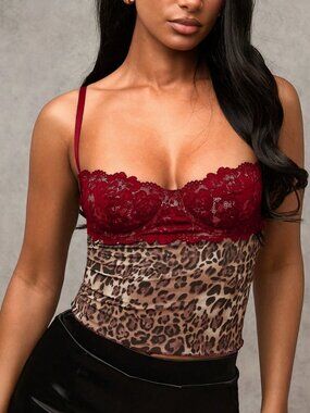 Burgundy Sexy Women's Leopard Lace Camisole Top